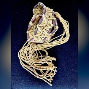 Boho Macrame Rope Belt Weaved Wooded Bead Detail Fringe Hippie 36-38 L/XL Beige